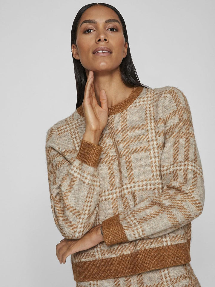 Vila Damen Vicilia L/S Check Knit Top/Su Strickpullover M Caramel Café/Checks:natural Melange/Birch,