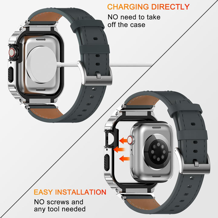SUPLINK Metallgehäuse mit Lederarmband Kompatibel mit Apple Watch Armbändern 40/41mm,Edelstahl Schut