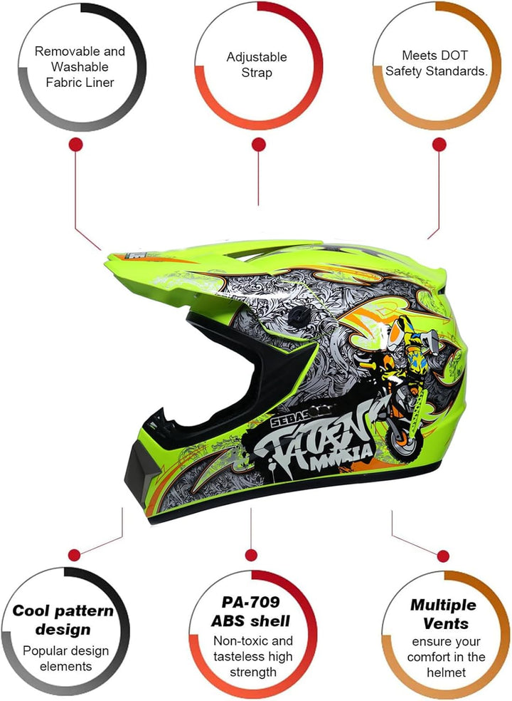 Downhill Motorradhelm Kinder, Helm Set Herren ATV Motorradhelm D.O.T Zertifizierter Helm Mit Brille