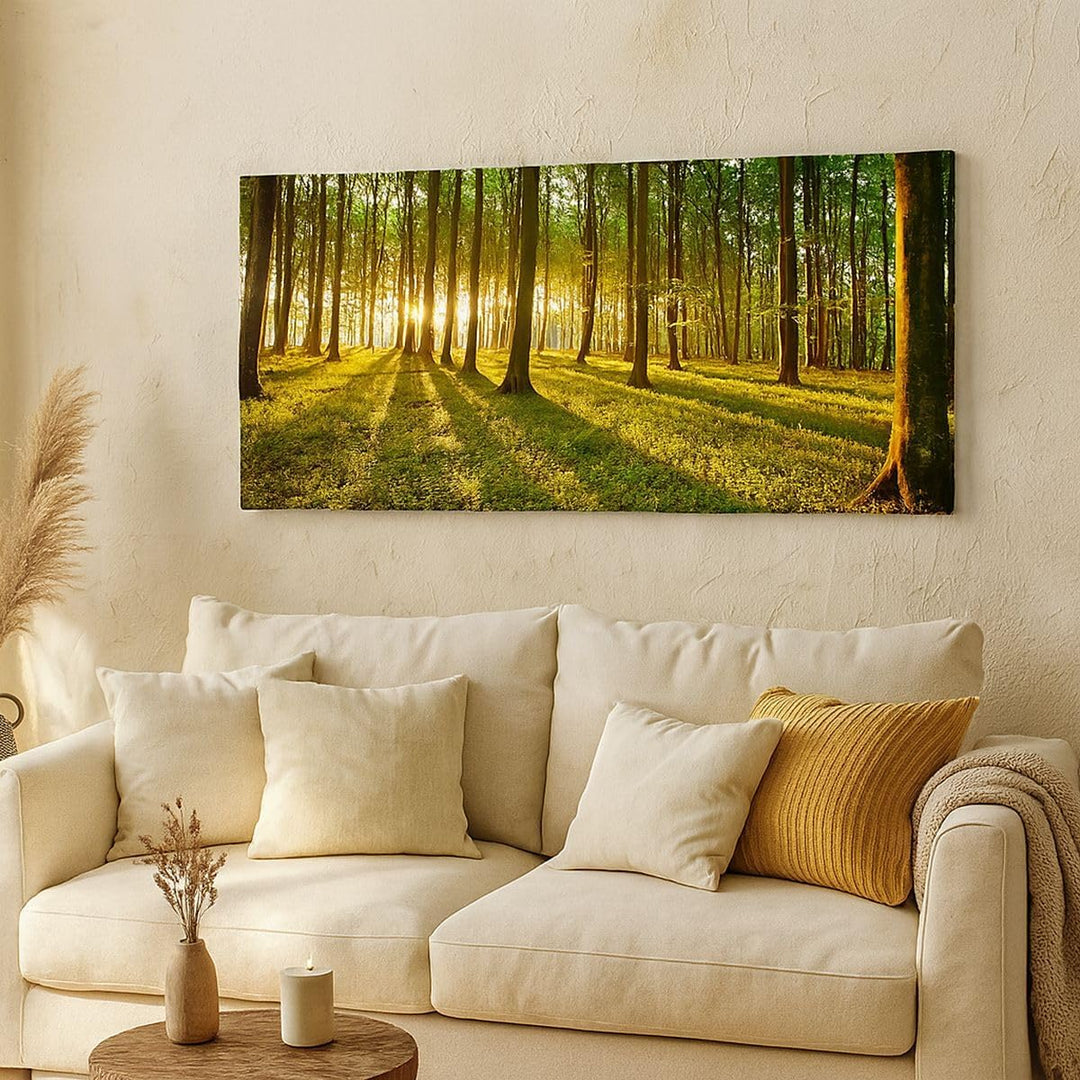 Wandbilder Dekoration Wohnzimmer Wald grün Sonnenstrahlen Natur Panorama Bilder auf Leinwand 120x50c