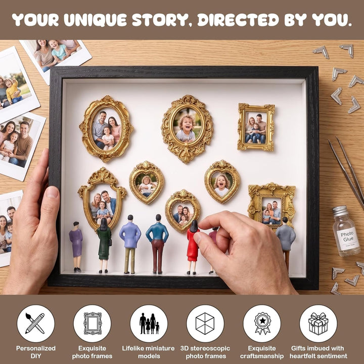 DIY Mini Museum Silhouette Box, Mini Figuren Menschen Museum Bilderrahmen mit 8 Goldenen Rahmen & 8