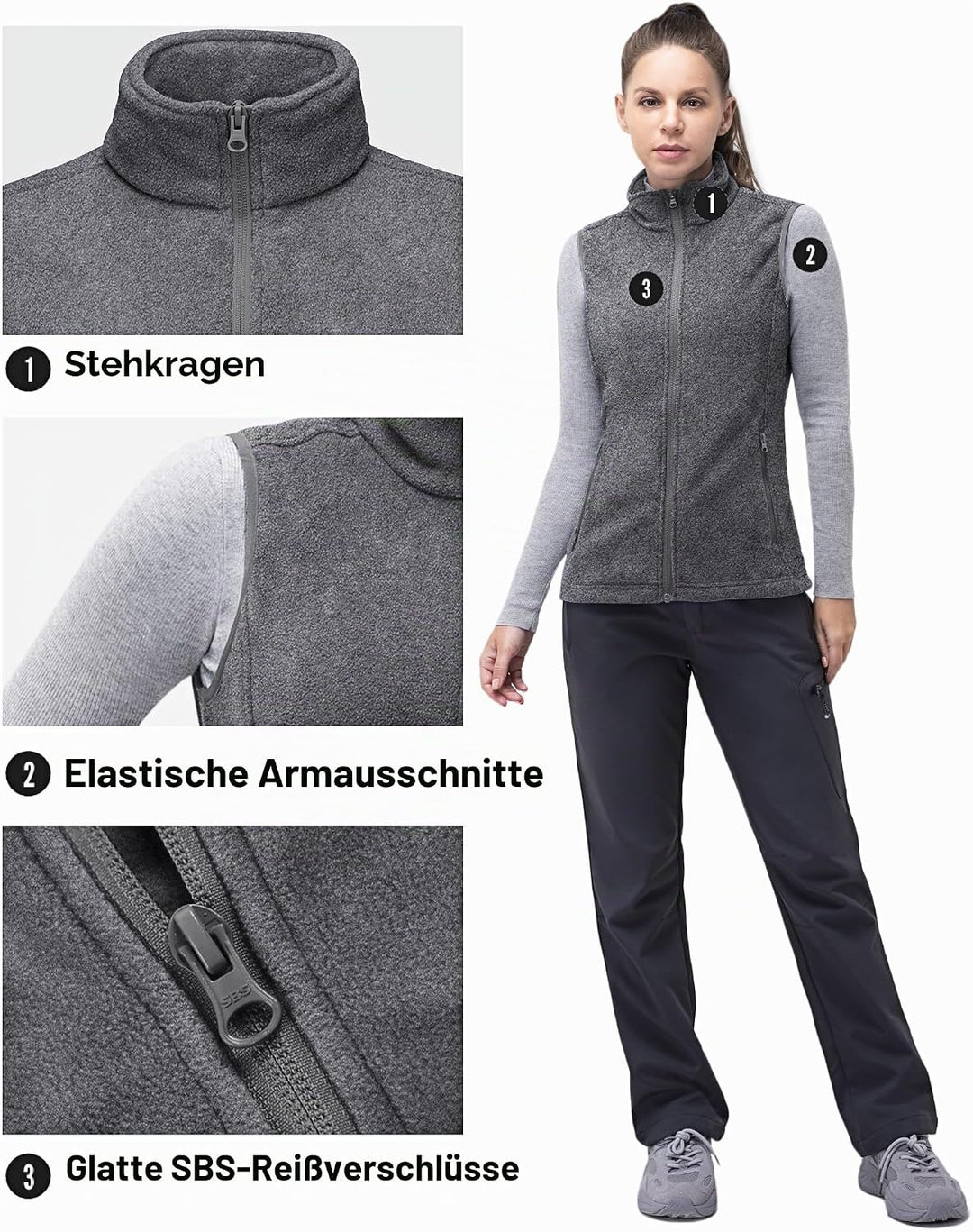 33,000ft Damen Fleece Weste Jacke Standkragen Ultraleicht Outdoor Westen Tops mit Taschen Reissversc