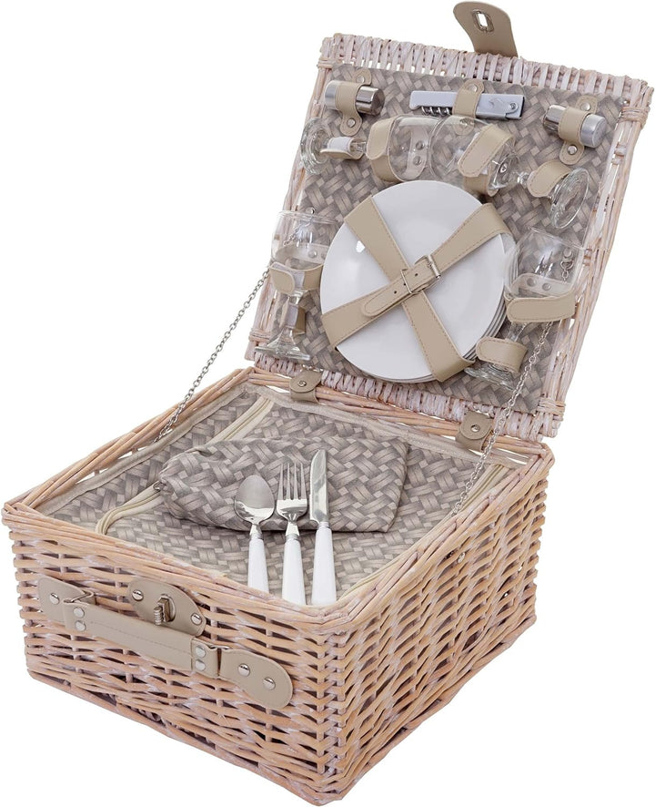 Mendler Picknickkorb-Set-AM für 4 Personen, Picknicktasche + Kühlfach, Porzellan Glas Edelstahl, bei