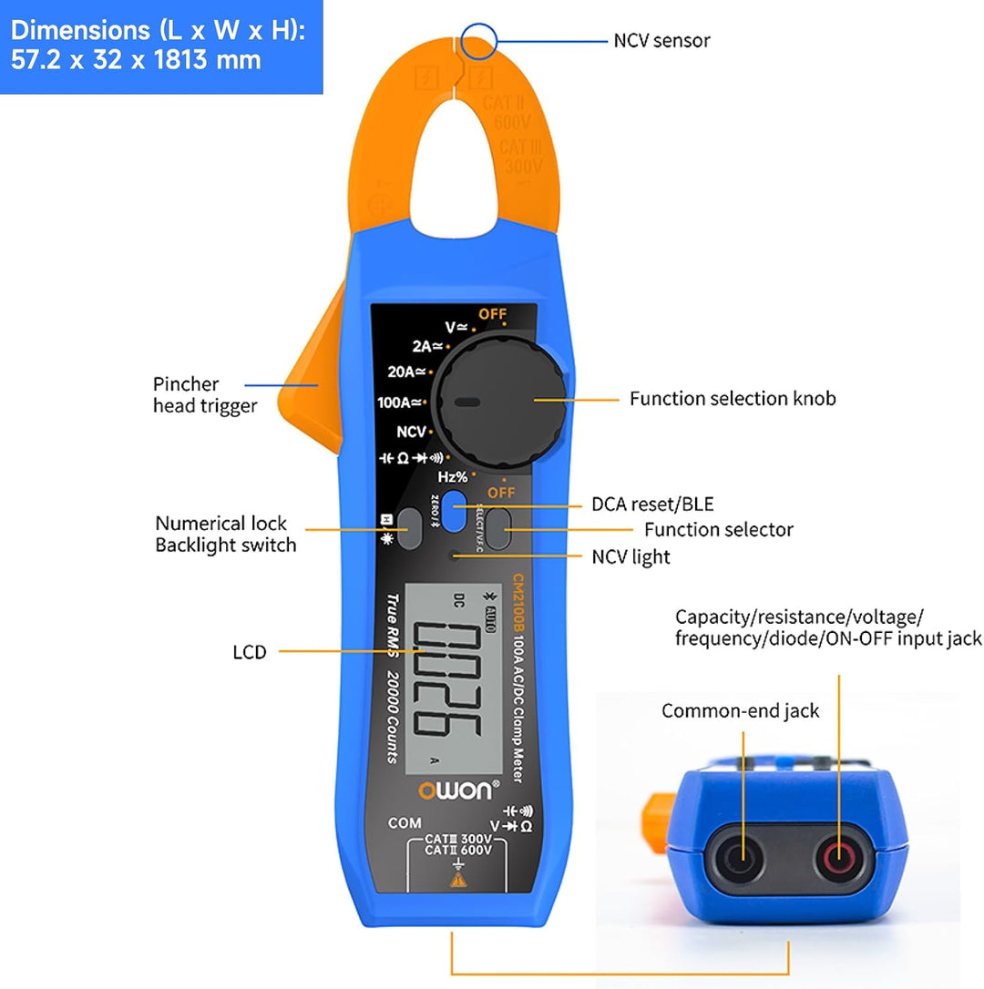 OWON CM2100B Mini Bluetooth Zangenmessgerät 20000 Zählungen Handheld True RMS 600 V 100 A AC/DC Stro