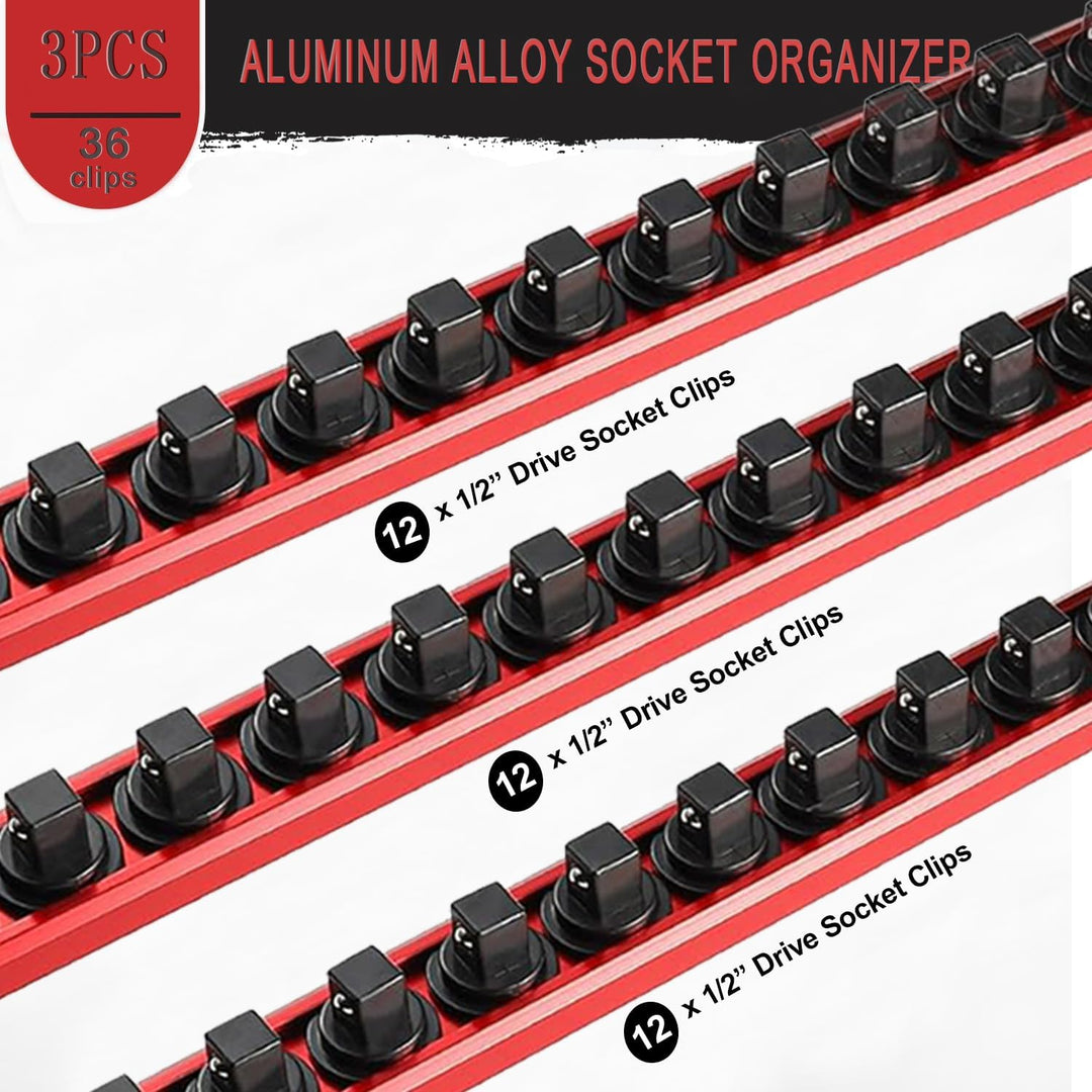 ACEBON Magnetische Stecknuss-Rail 3-tlg, Aluminium Steckschlüssel-Organizer mit 36 Drehbare Clips fü