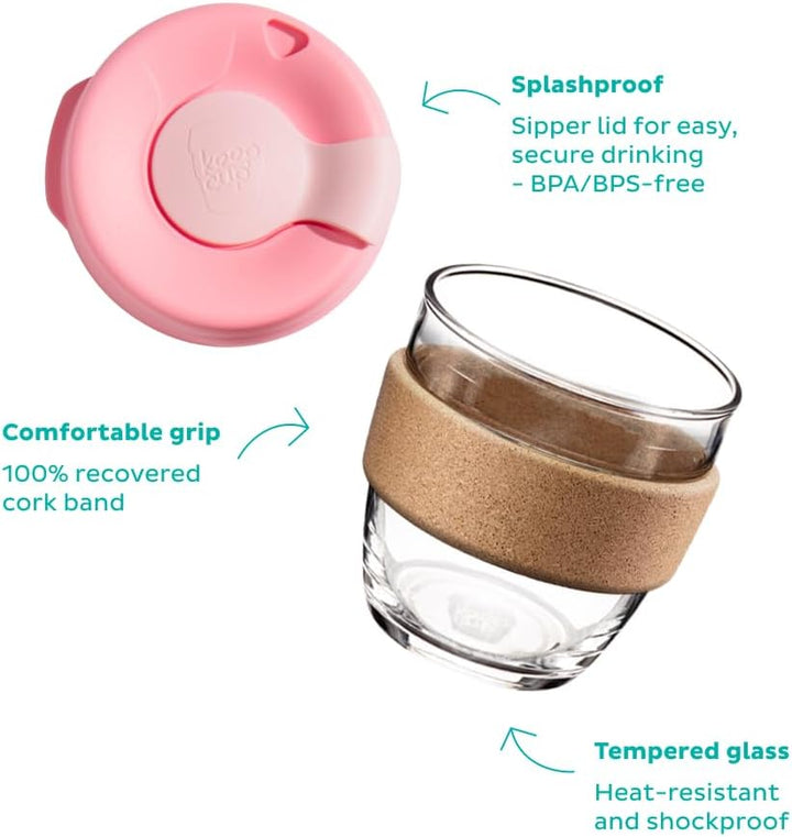 KeepCup Brew Cork, Mehrweg-Glasbecher, spritzwassergeschütz, Small 8oz 227mls, Schwarz 1 Stück Schwa