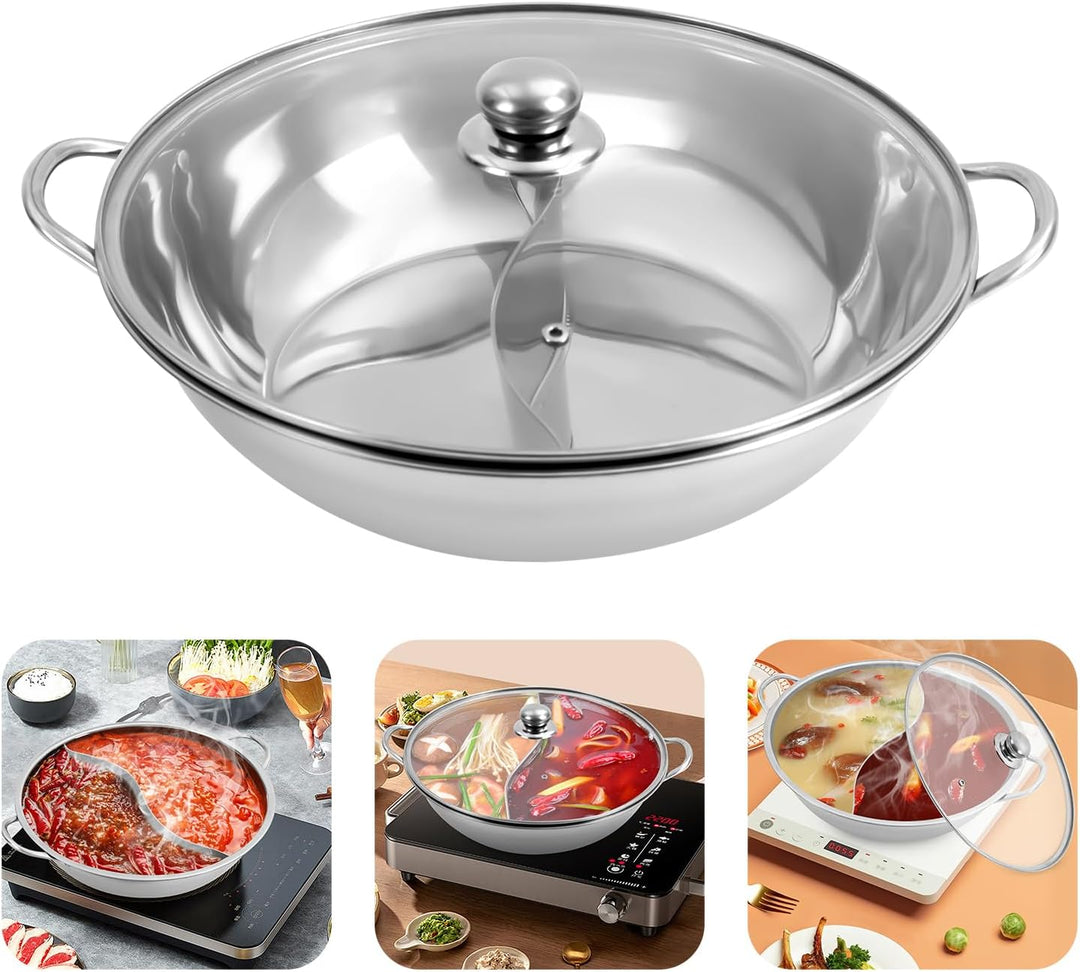 Edelstahl Hot Pot Shabu Topf Heisser Topf mit Glasdeckel und Trennwand Kompatibel mit Gaskochfeldern