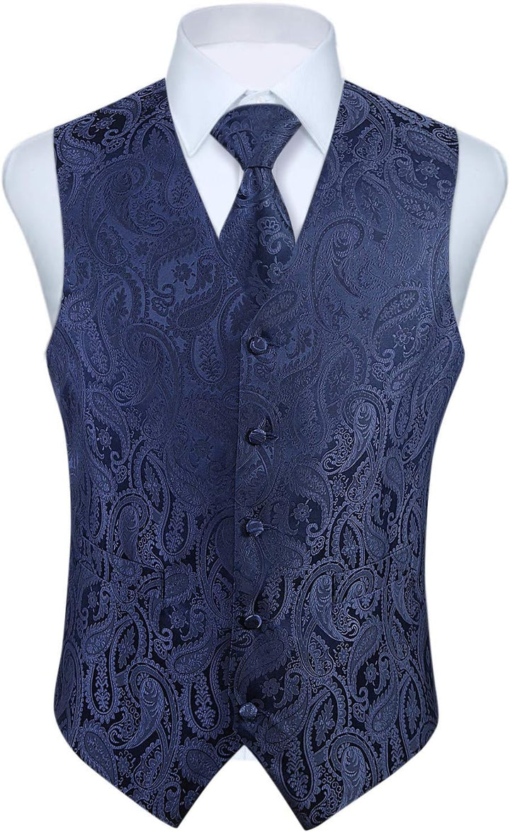 HISDERN Herren Weste Paisley Floral Jacquard Krawatte Einstecktuch Taschentuch Weste Anzug Set XS Ma