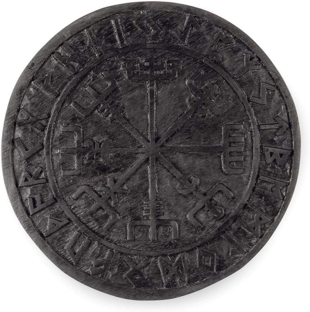 Windalf Schwarzes Vikings Holzbild Vegvisir Ø 23 cm Wikinger Kompass Futhark Handarbeit aus Holz