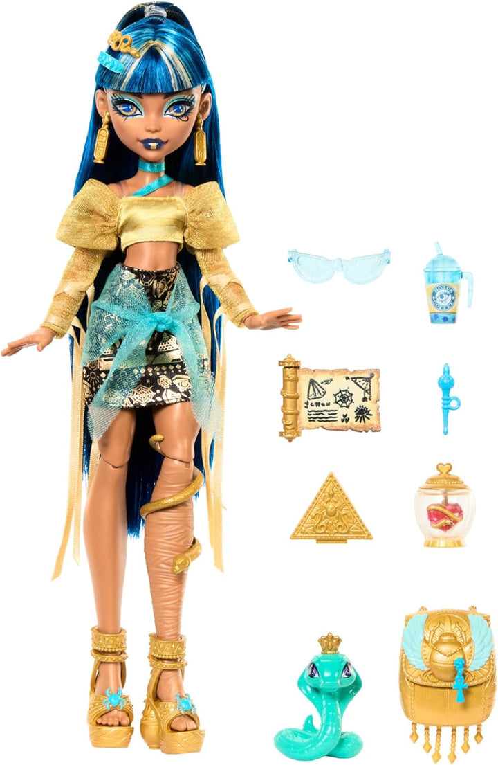 Monster High Cleo De Nile Puppe in Goldener Bluse und mehrlagigem Rock, enthält Haustier-Kobra Hisse
