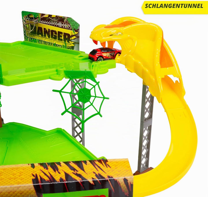 Dickie Toys - Auto-Rennbahn Jungle Garage (50x55x32 cm) inkl. Spielzeugauto aus Metall - Parkhaus au