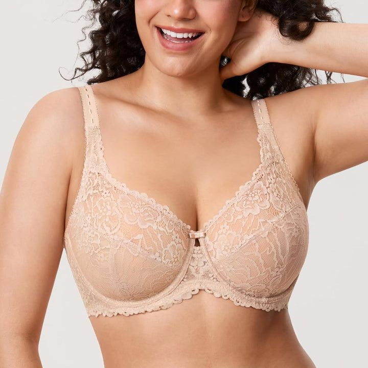 DELIMIRA Damen Minimizer BH Ohne Einlagen Mit Spitze Mit Bügel Grosse Grössen 110C Beige, 110C Beige