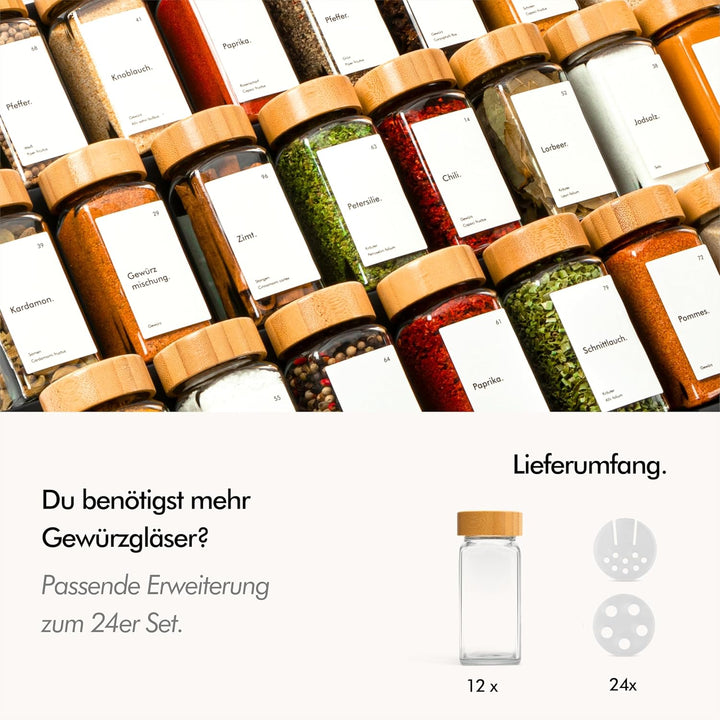 KIVY Gewürzgläser mit Streueinsatz 12er Zusatzset Bambusdeckel, 12er Zusatzset Bambus