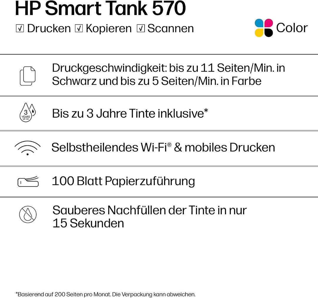 HP Smart Tank Plus 570 Multifunktionsdrucker (Drucker, Scanner, Kopierer, WLAN, AirPrint, 3-in-1, in