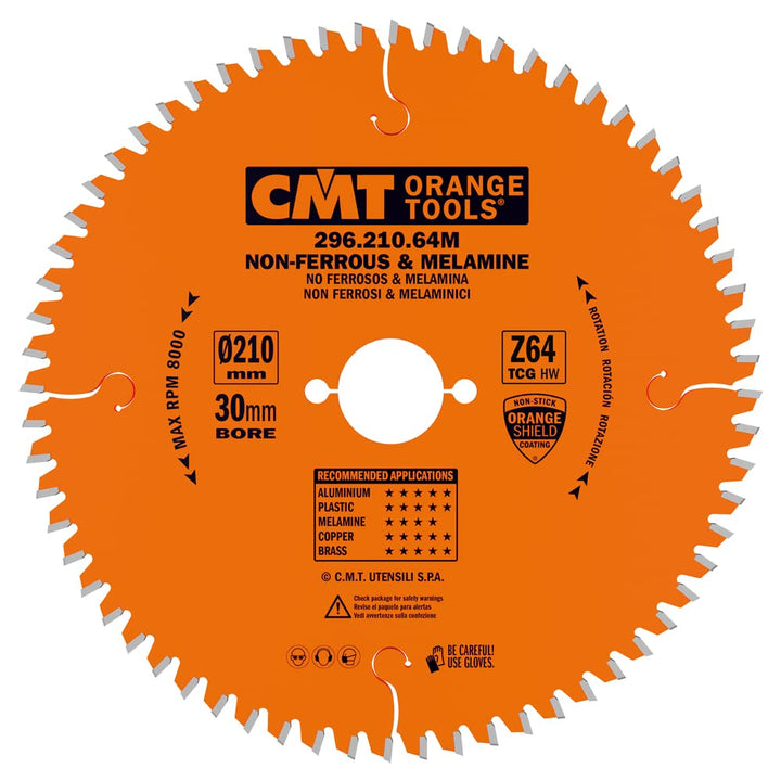 CMT Orange Tools Kreissägeblatt HW 210 x 2,8 / 2,2 x 30 Z=64 TCG - 296.210.64M - für eisenfreies Mat