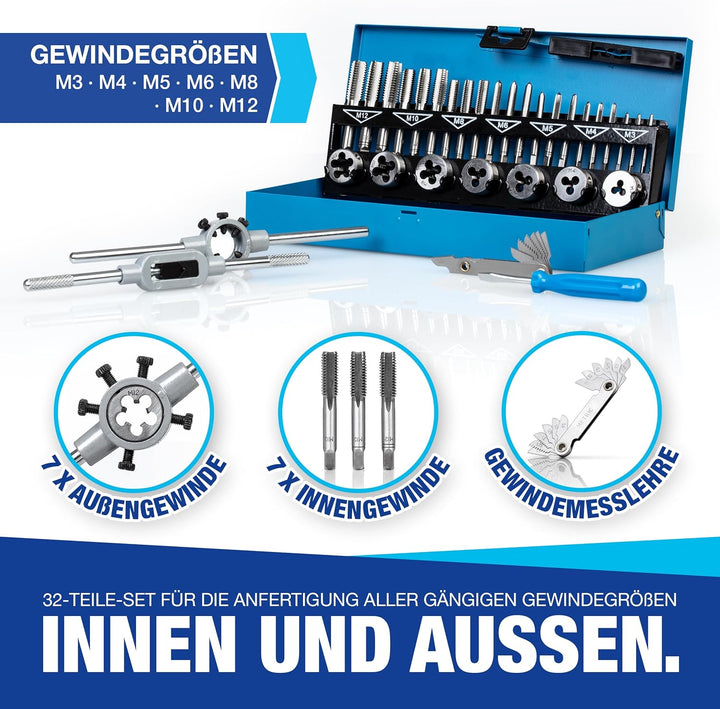 NTG Gewindeschneidesatz 32- tlg., Gewindeschneider Set inkl. Aufbewahrungskoffer, M3, M4, M5, M6, M8