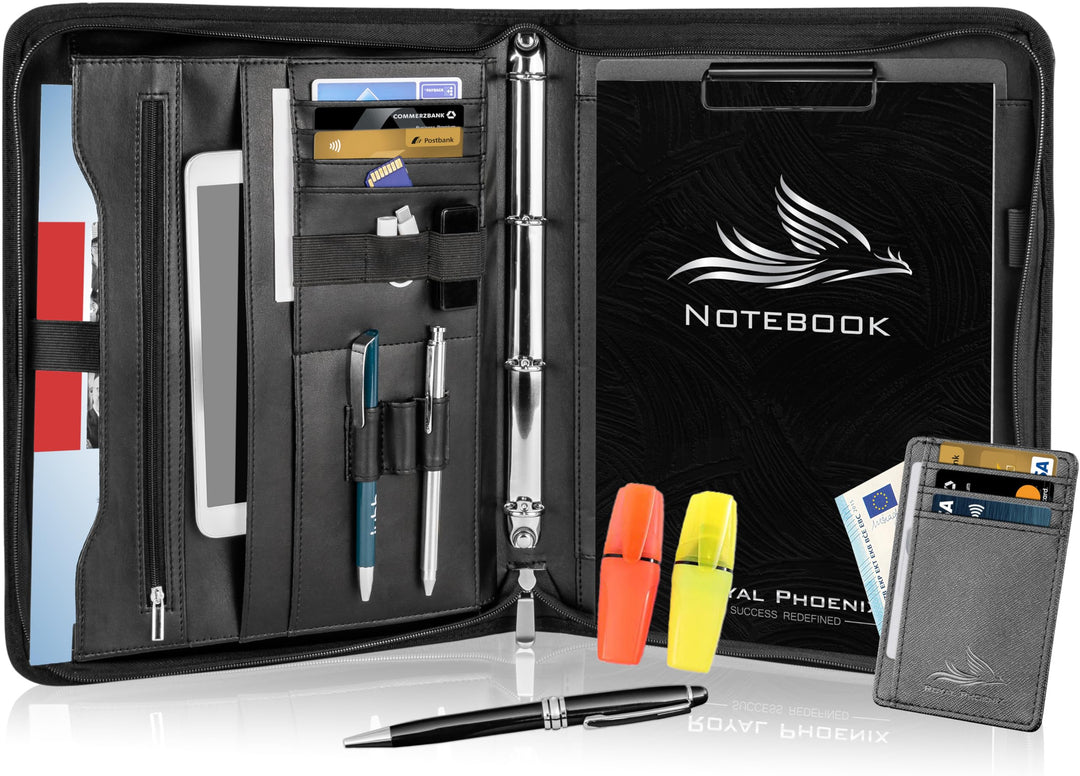 Royal Phoenix® Business Schreibmappe A4 'Hawk' - Hochwertige Ringbuchmappe mit Reissverschluss - ink