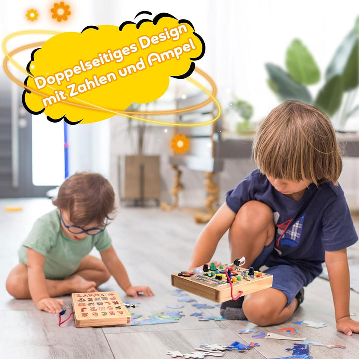 Busy Board Montessori Spielzeug für Babys ab 2 Jahr, Motorikspielzeug mit 19 LED, Holzspielzeug Sens