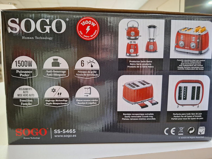 Sogo Retro Vintage Edelstahl und Emaille (Netz, Toaster 1500 W) Rot Toaster 1500 W, Rot Toaster 1500
