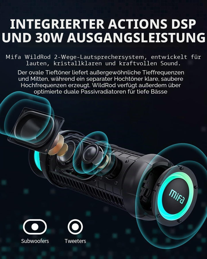 MIFA WildRod Bluetooth Lautsprecher mit Bluetooth 5.3, IP67 wasserdicht & staubdicht, 30W Wiedergabe