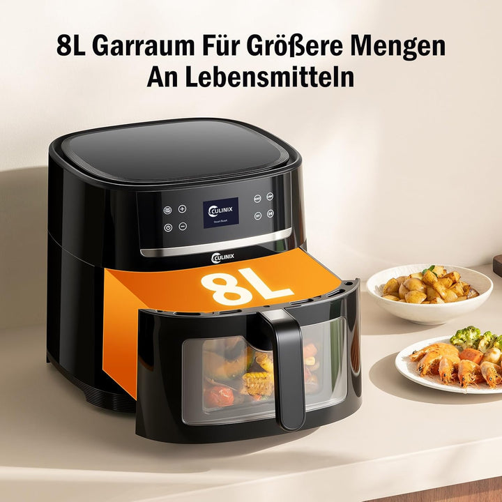 Heissluftfritteuse XXL, 8L Air Fryer mit Kamera, Sichtfenster und Shake Reminder, DIY-Funktionalität
