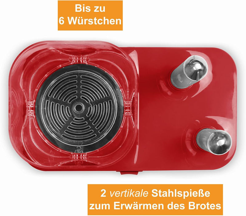 Hot Dog Maker mit Brötchenwärmer - Hot-Dog Maschine für 6 Würstchen - Hotdog Maker Set Abnehmbarer W