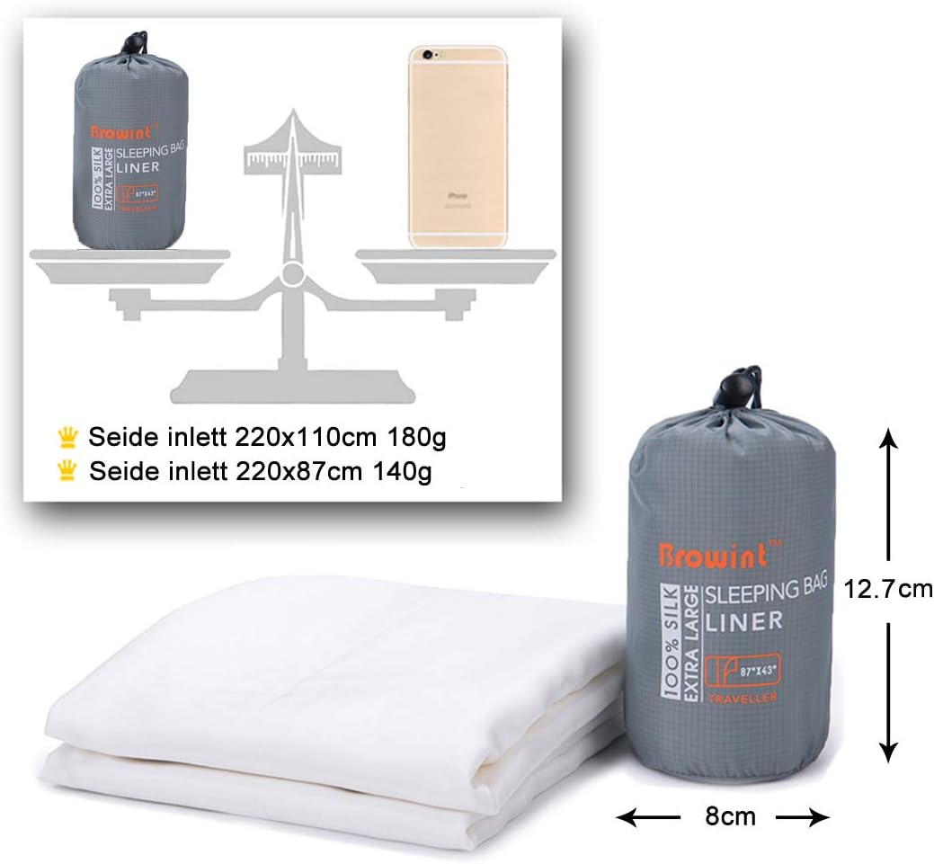 BROWINT Seidenschlafsack, Hüttenschlafsack aus 100% Naturseide, Extrabreite 220x110cm, 220x87cm, 185