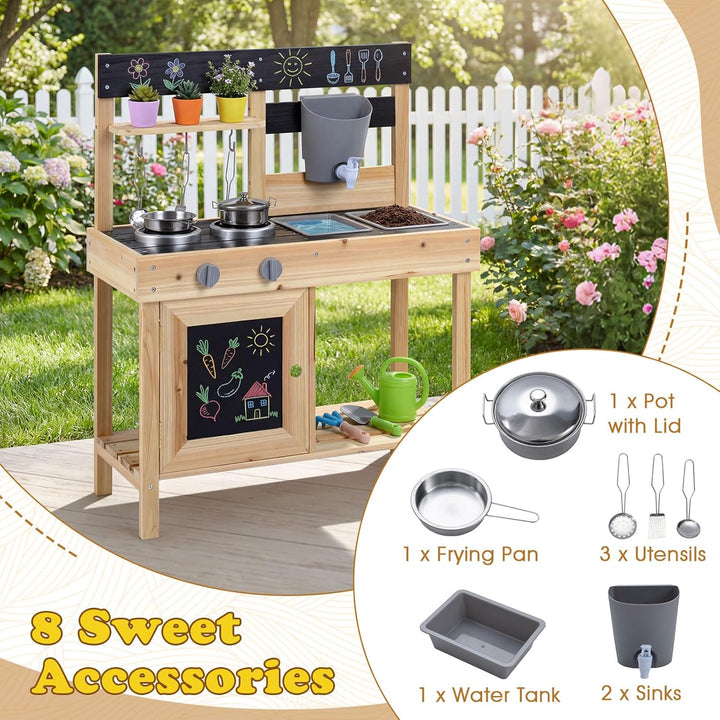 FANTASK Matschküche Kinder, Holz-Spielküchenset mit Wassertank, Herd, Kreidetafel &amp; Spüle, Kinderküc