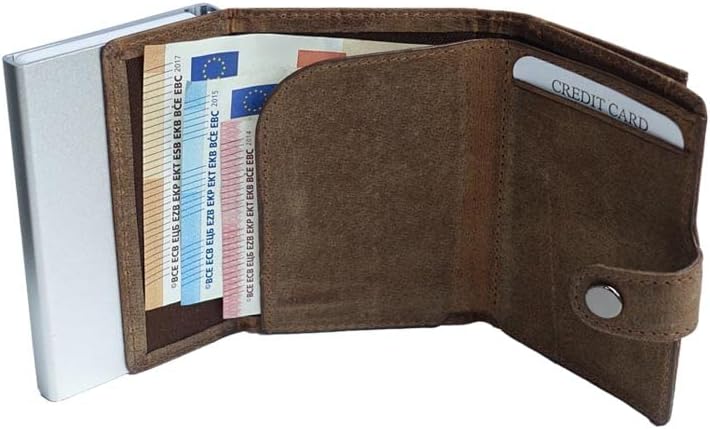 Minigeldbörse Herren braun Leder mit silber ALU Kartenhalter und Münzfach RFID Schutz, Herren Damen