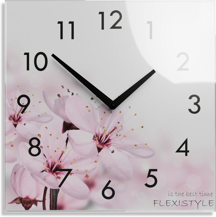 FLEXISTYLE Wanduhr küche Wohnzimmer 30 x 30 cm, aus Glas, mit Direktdruck eckig modern (BLÜHENDE Blu