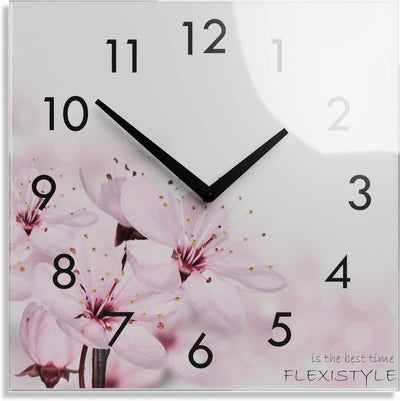 FLEXISTYLE Wanduhr küche Wohnzimmer 30 x 30 cm, aus Glas, mit Direktdruck eckig modern (BLÜHENDE Blu