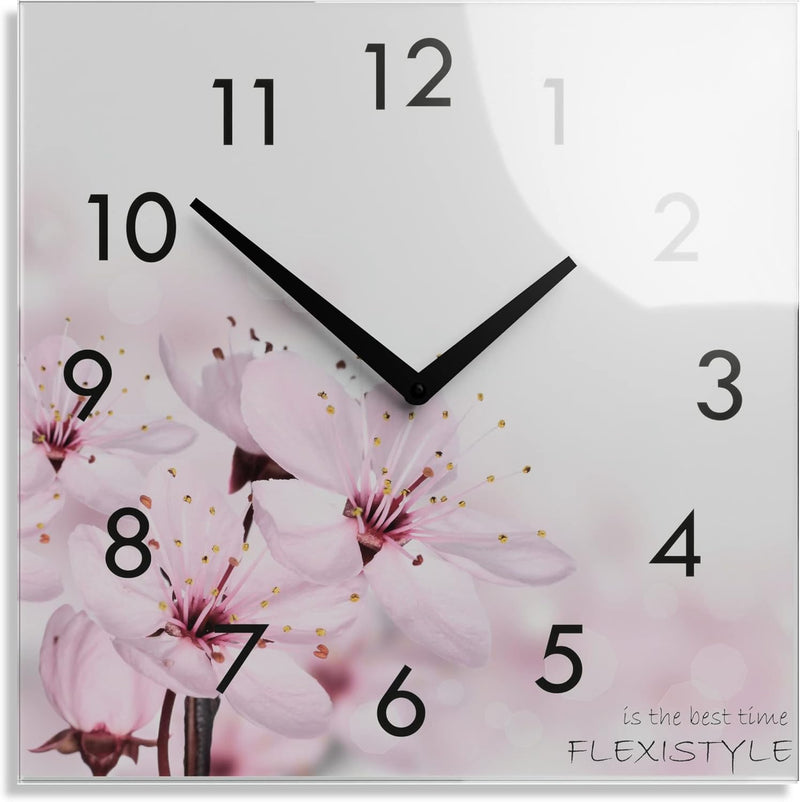 FLEXISTYLE Wanduhr küche Wohnzimmer 30 x 30 cm, aus Glas, mit Direktdruck eckig modern (BLÜHENDE Blu