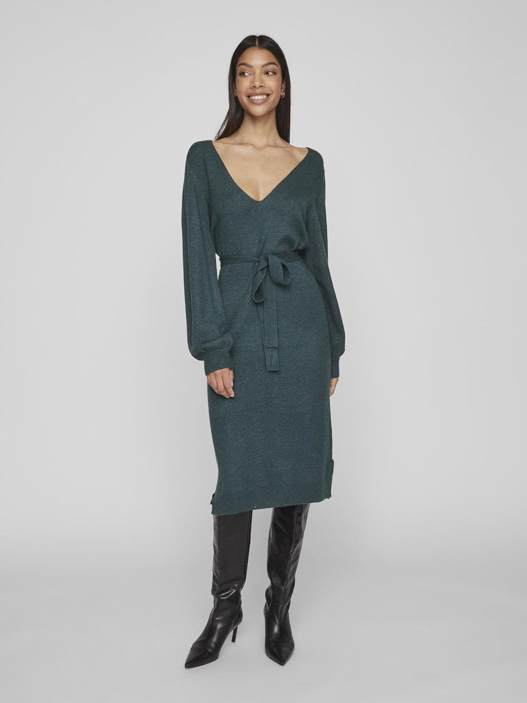 Vila Damen Viril Rev V-Neck Knit Dress-Noos Strickkleid, XS Ponderosa Pine/Detail:dark Melange