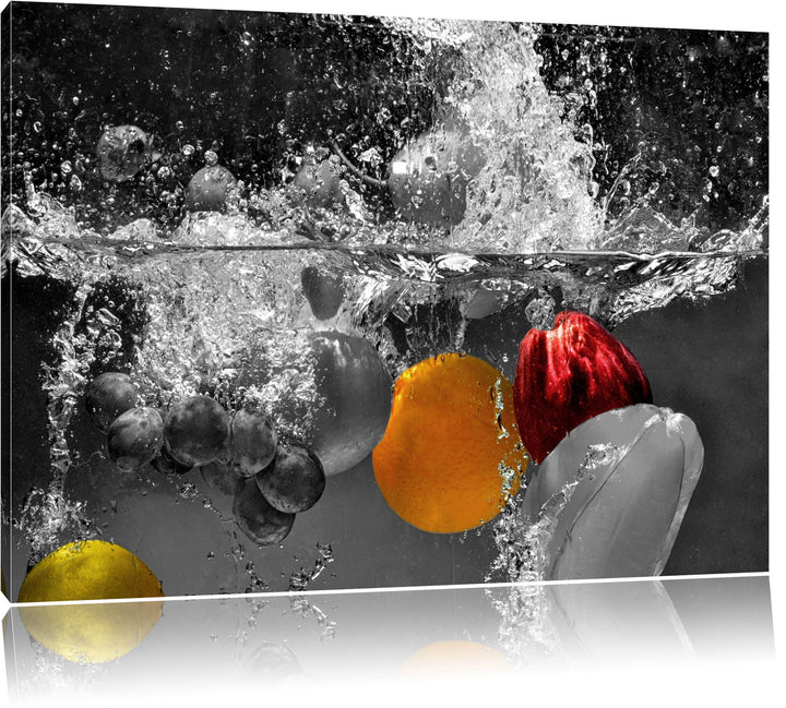 ins Wasser fallende Früchte schwarz/weiss Format: 100x70 auf Leinwand, XXL riesige Bilder fertig ger
