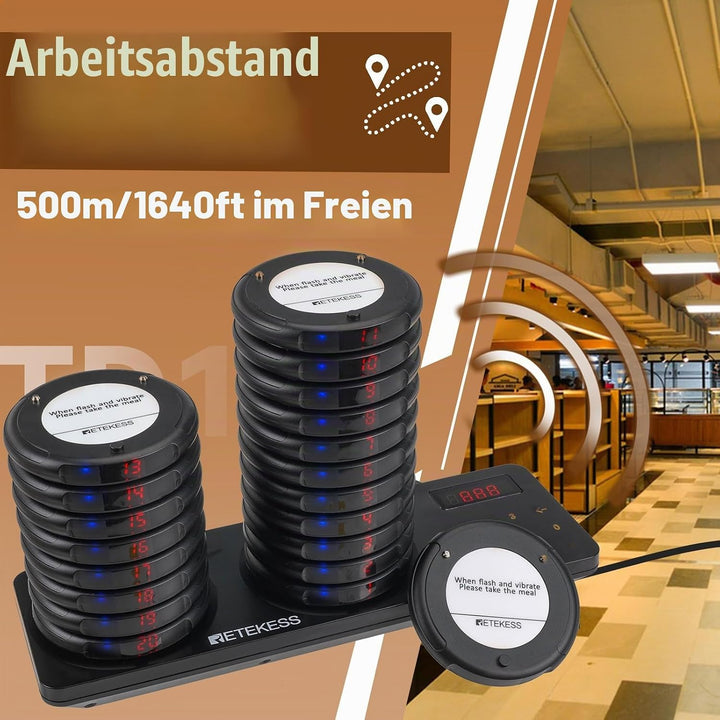 Retekess TD163 Restaurant Pager System, Pager Rufsystem, 20 Pager, 500M, Schwarz, Blaue LED-Anzeigel