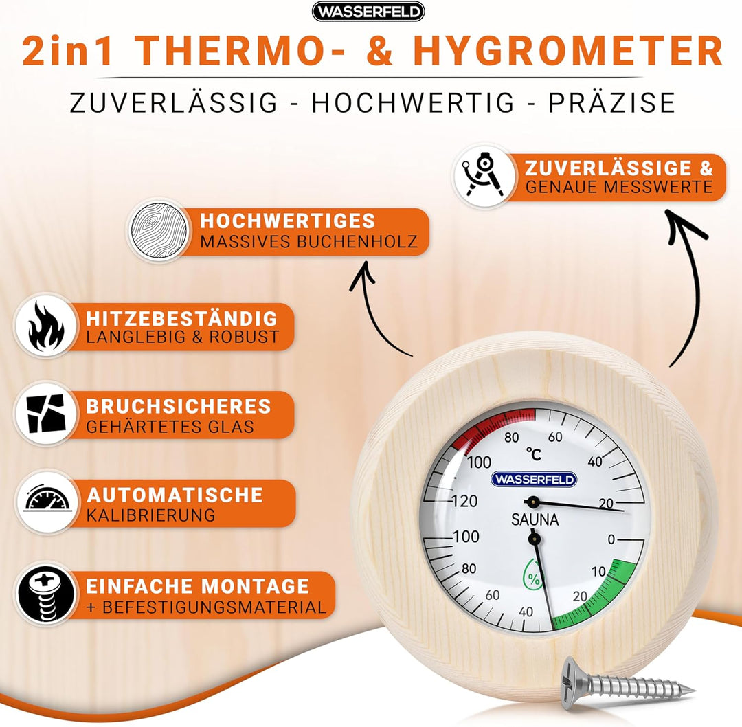 WASSERFELD® Sauna Eimer Set (4 Liter) - Hochwertiger Sauna Eimer mit Kelle, Sanduhr, Thermo- & Hygro