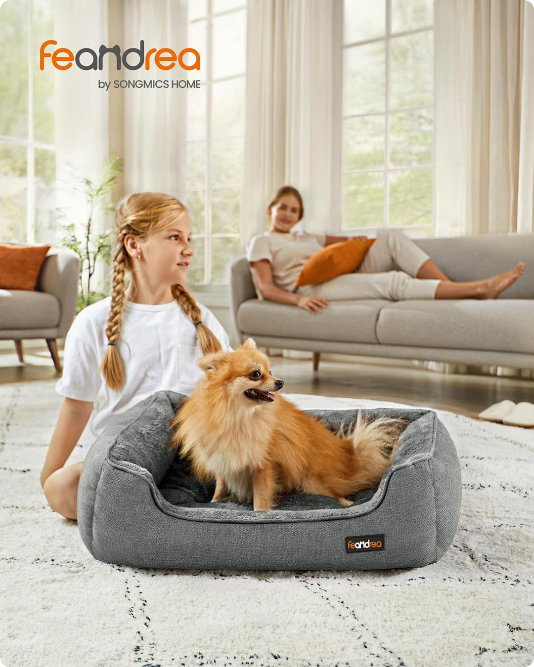 Feandrea Hundebett, Hundekissen in Leinenoptik, Hundekorb, erhöhte Ränder, rutschfeste Unterseite, B