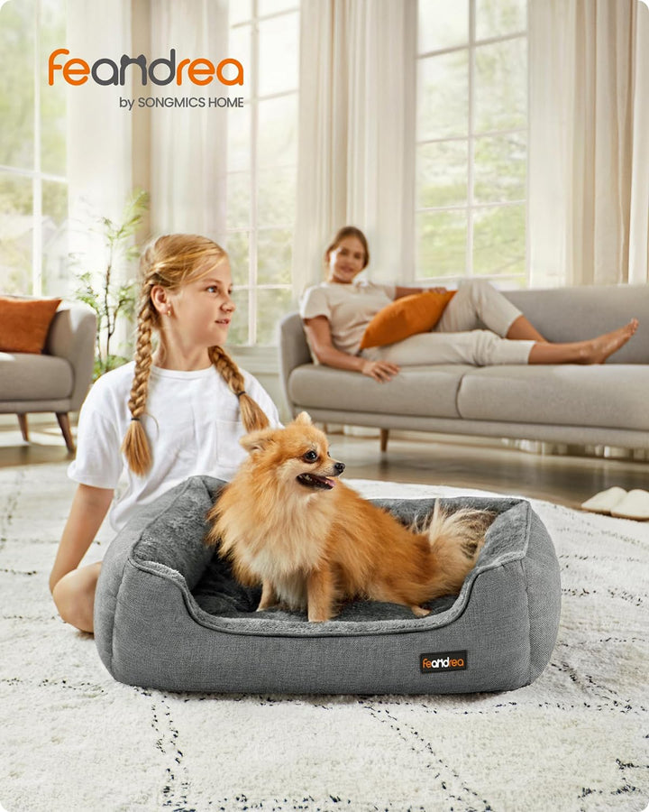 Feandrea Hundebett, Hundekissen in Leinenoptik, Hundekorb, erhöhte Ränder, rutschfeste Unterseite, B