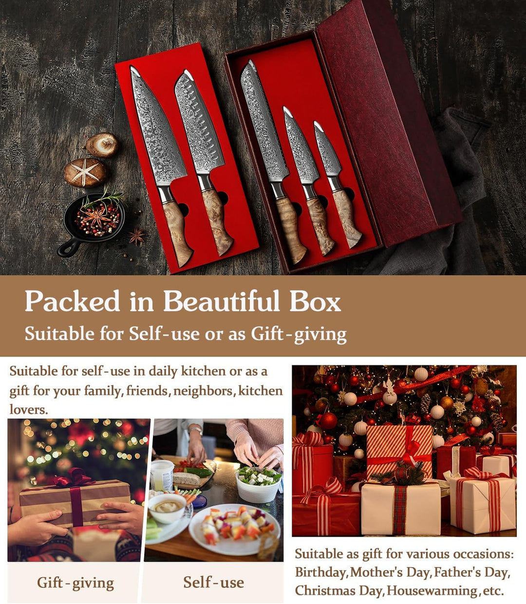 HEZHEN Damast Messer Set 5PCS, Japanischen Stil Damaskus Stahl Küchenmesser Santoku, Brot Universalm