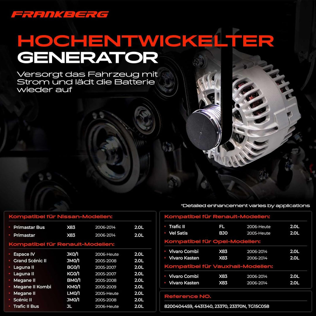 Frankberg Lichtmaschine Generator Kompatibel mit Primastar X83 2006-2014 Vivaro E7 J7 F7 2006-2014 L