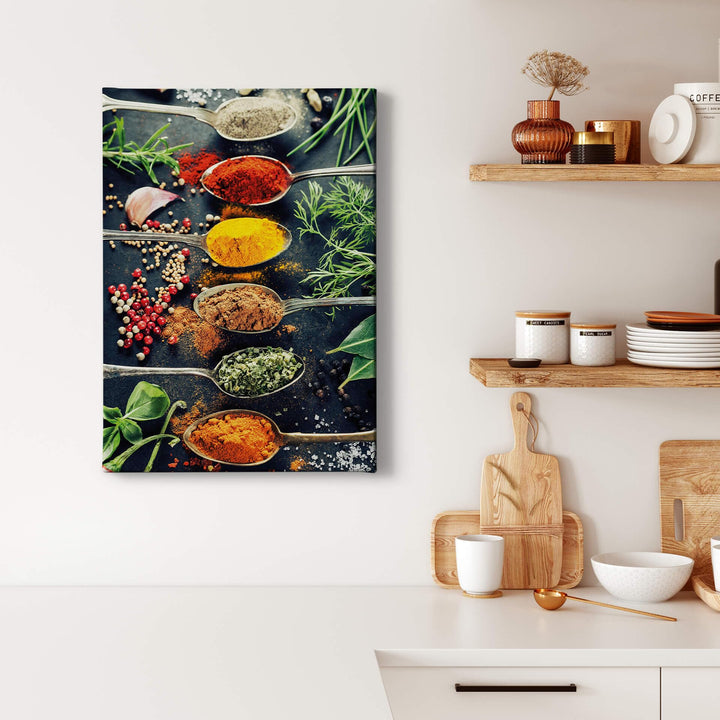 Leinwandbild Gewürze - Kunstdruck bunt gelb - 50x70 Hochformat - Wanddekoration Küche - Bild auf Kei