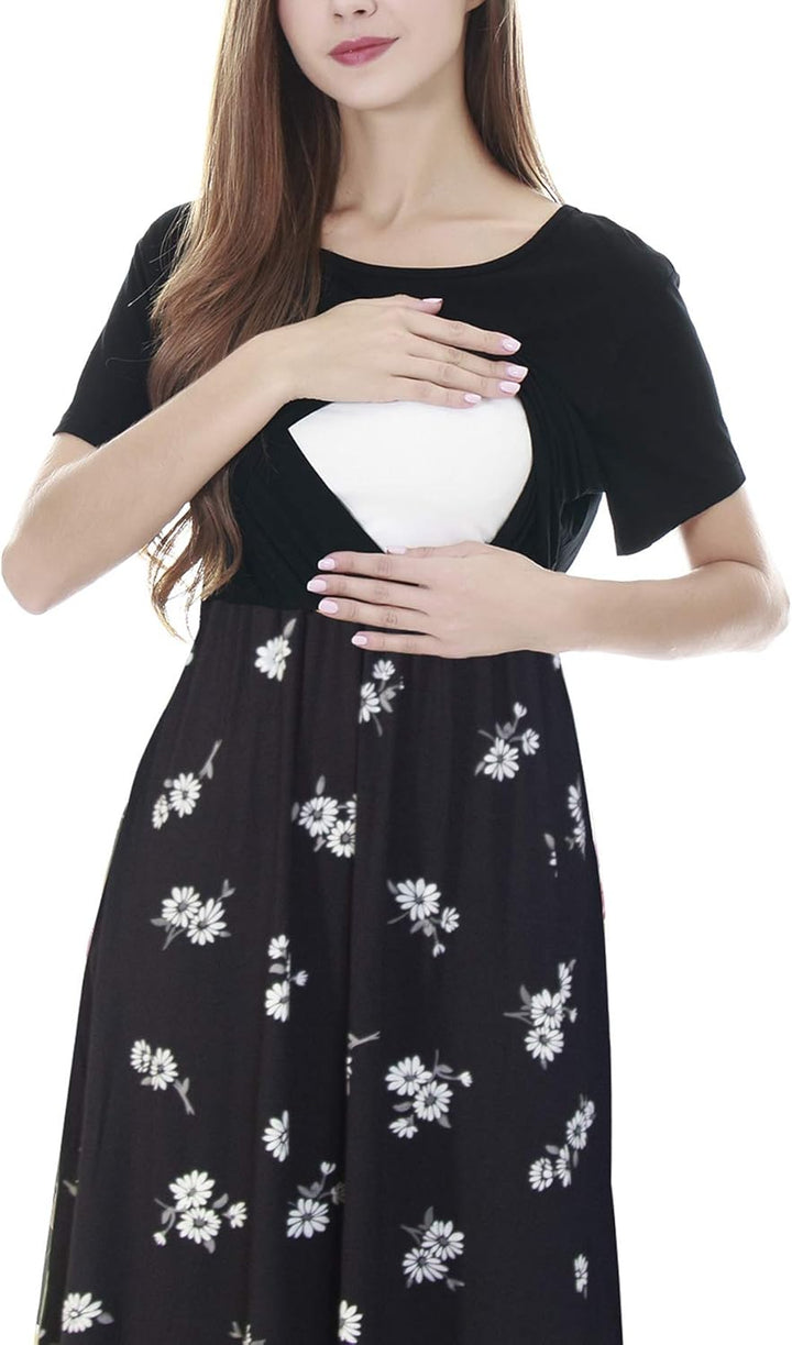 Smallshow Damen Lässiges Kurzarm Stillkleid Umstandskleid für Stillen, Schwarz-svp121 S