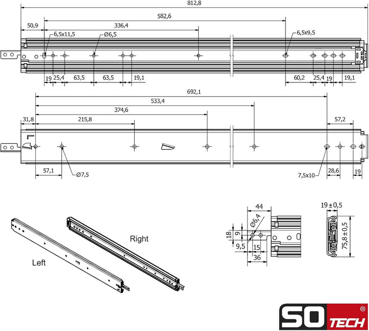1 Paar SOTECH Schwerlastauszüge VarioSlide KV2-200-H76-L800-EH 812,8 mm mit Lock-in/out Einrastfunkt