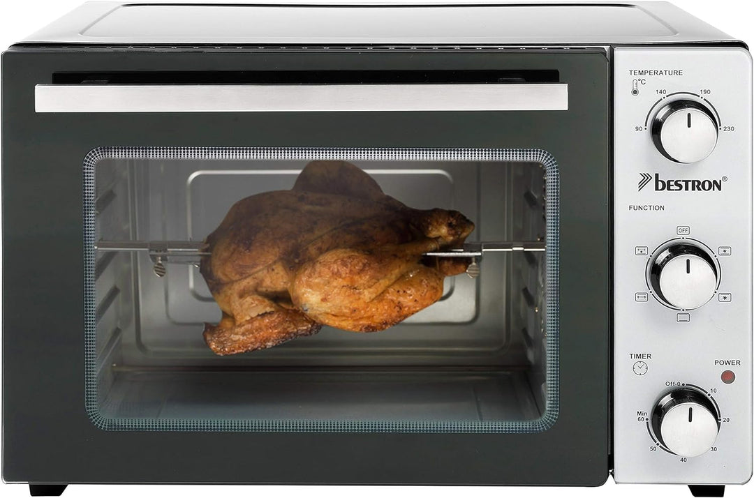 Bestron AOV31PS Kompakter Mini-Backofen mit Drehspiess und Pizzastein, 31 Liter, 1500 Watt, Edelstah
