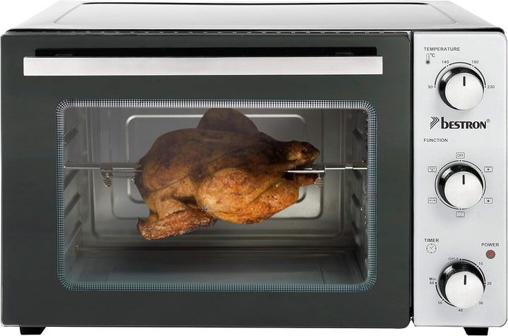 Bestron AOV31PS Kompakter Mini-Backofen mit Drehspiess und Pizzastein, 31 Liter, 1500 Watt, Edelstah