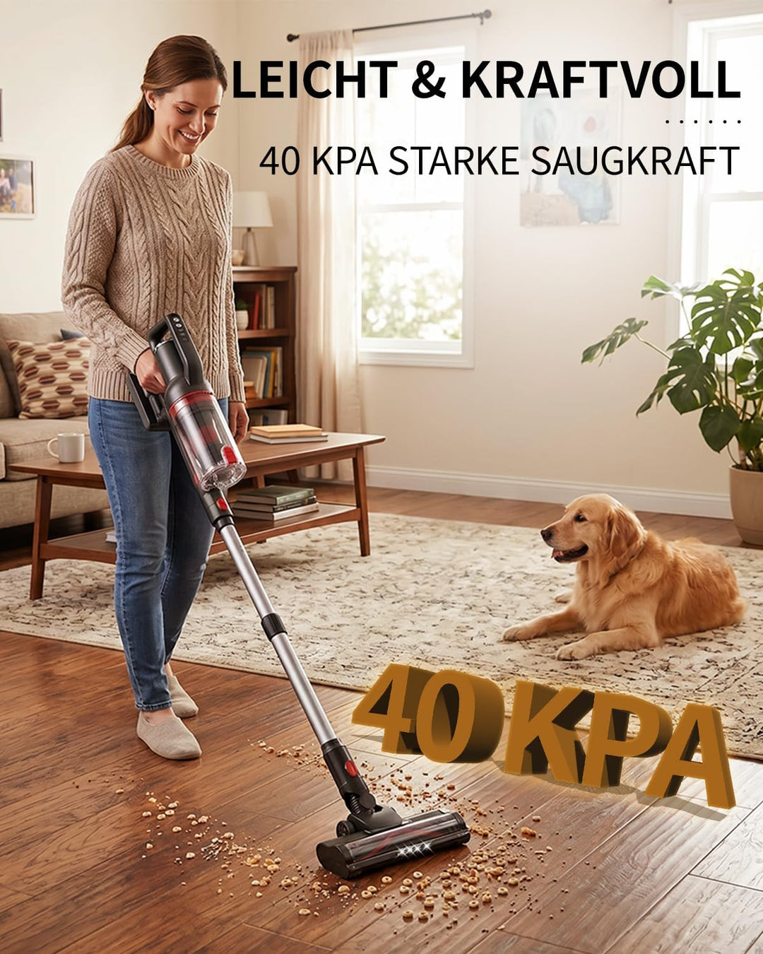 Akku Staubsauger Kabellos – 40KPa/500W/50 Min, 1L kabelloser Staubsauger mit V-förmiger Anti-Tangle-