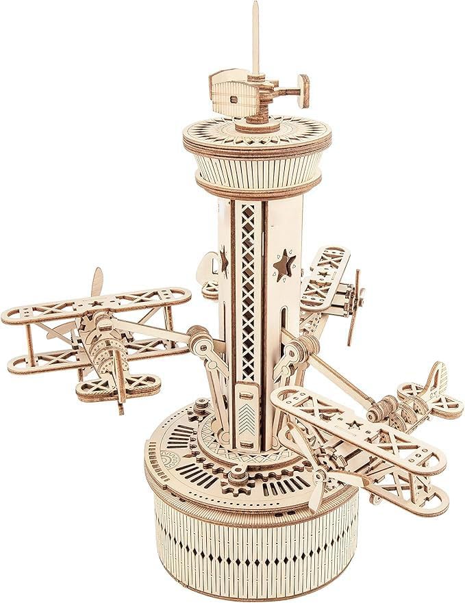 Robotime 3D Holzpuzzle Spieluhr Modellbausatz Mechanische Flugkontrollturm Holz Bastelset für Kinder