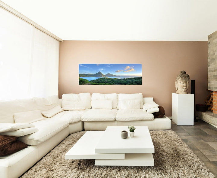 Paul Sinus Art Panoramabild auf Leinwand und Keilrahmen 120x40cm Karibik Berge Wald Meer Sonnenlicht