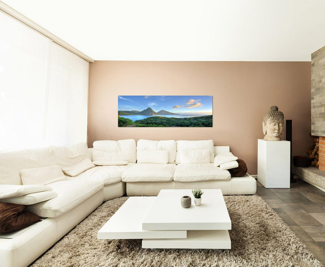 Paul Sinus Art Panoramabild auf Leinwand und Keilrahmen 150x50cm Karibik Berge Wald Meer Sonnenlicht