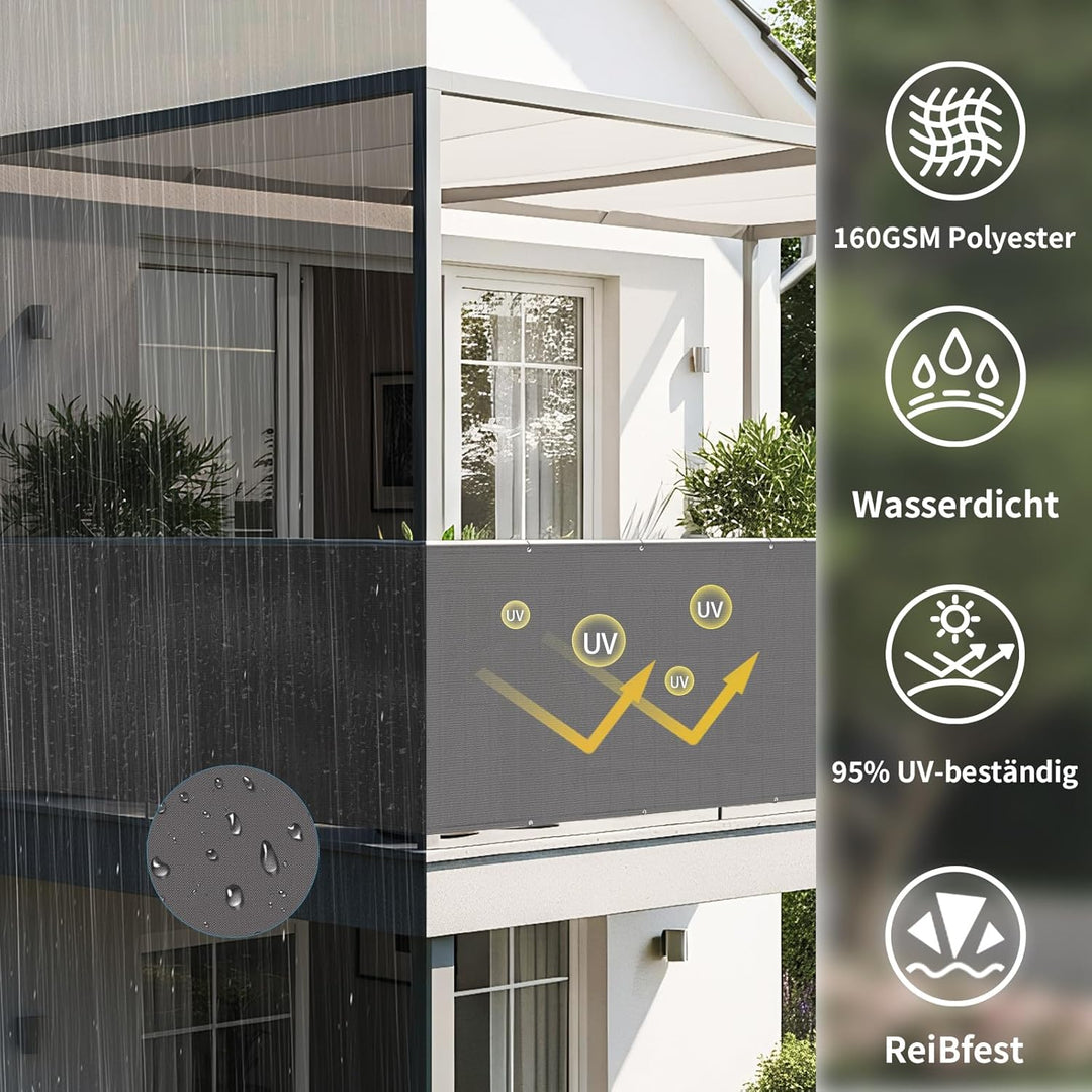 Shade&Beyond Balkon Sichtschutz Wetterfest 90x500cm, 95% UV-Schutz Balkonabdeckung mit Kabelbinder f